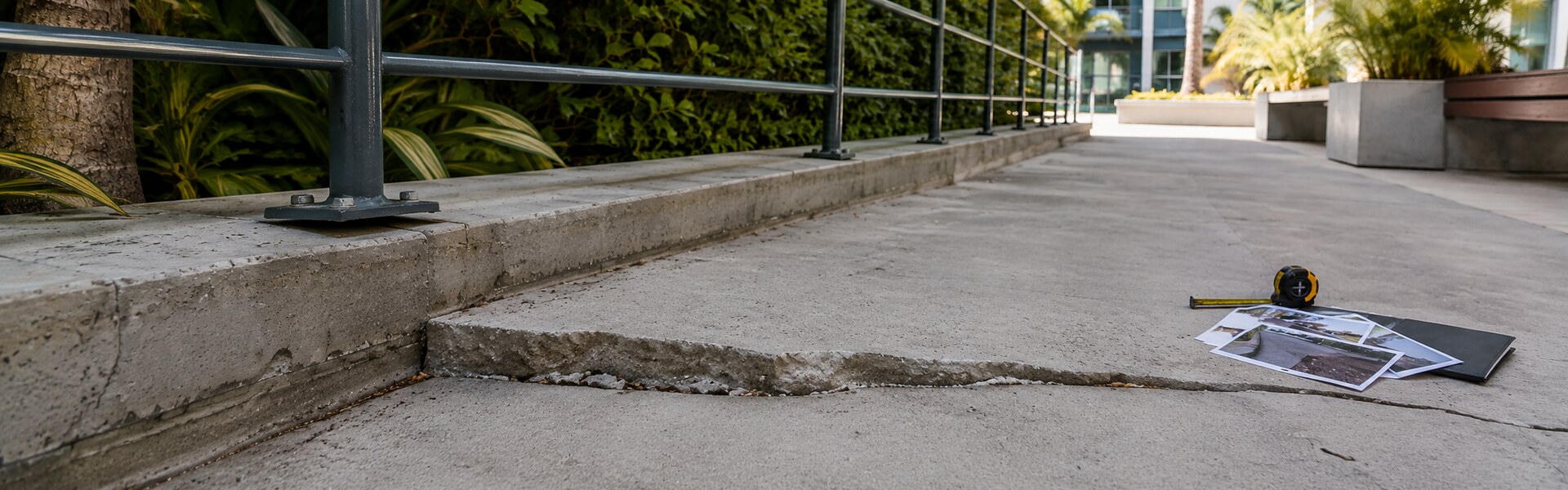 Raised concrete walkway and loose railing creating a premises liability hazard