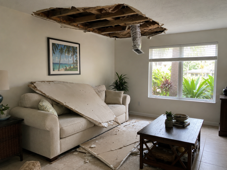 Partial ceiling collapse with fallen drywall in a Florida home