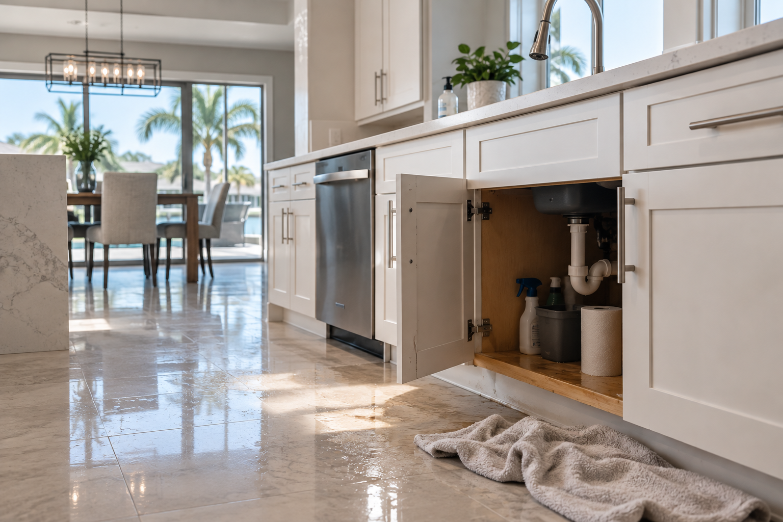 Water leak in a modern Florida kitchen affecting cabinets and tile flooring