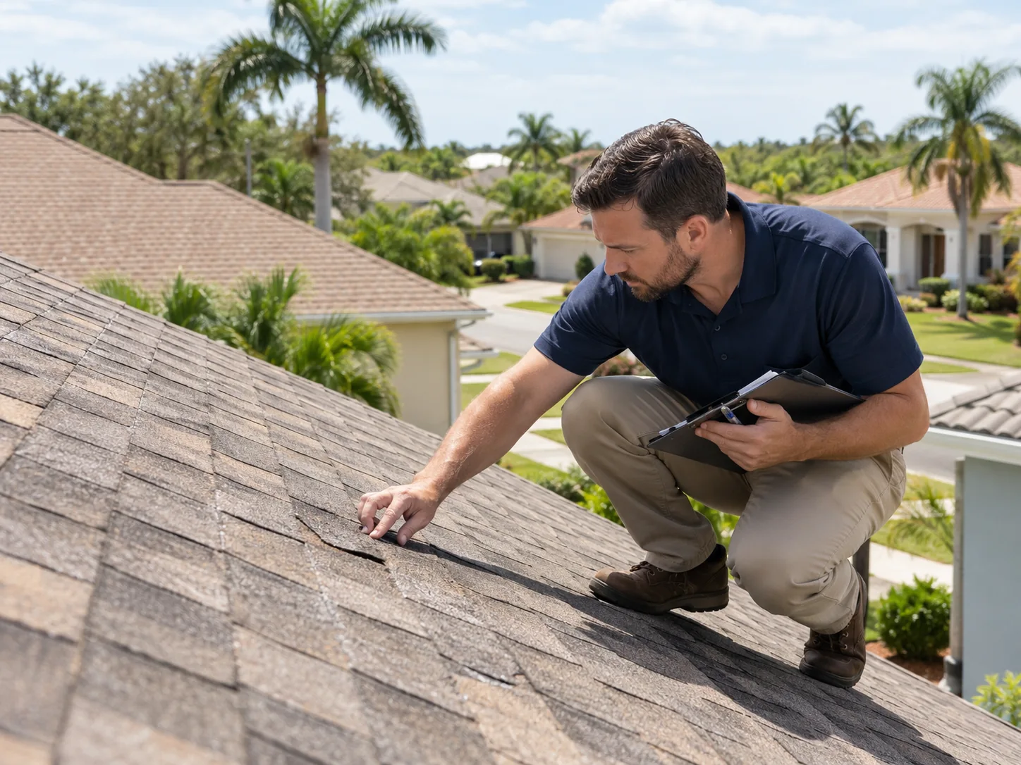 Insurance adjuster inspecting shingles on a Florida home's roof while holding a clipboard